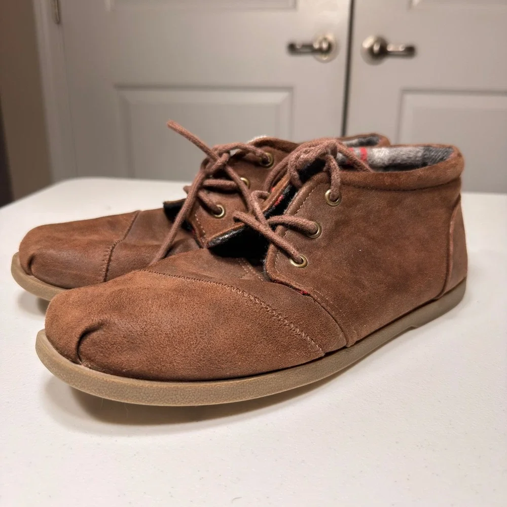 Skechers BOBS Brown Suede Chukka Boots Plaid Lined Lace Up Ankle Shoes Size 11